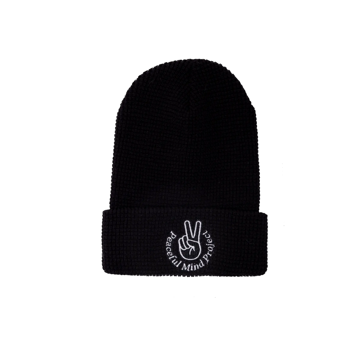 black beanie with Peaceful Mind Project name and peace sign